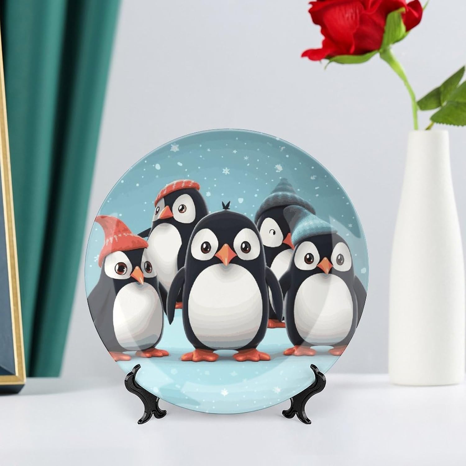 Cute Penguins Bone China Decorative Plate with Display Stand, Ceramic Ornaments Plate for Wall Hanging, Personalized Porcelain Plates for Office, Living Room 8inch