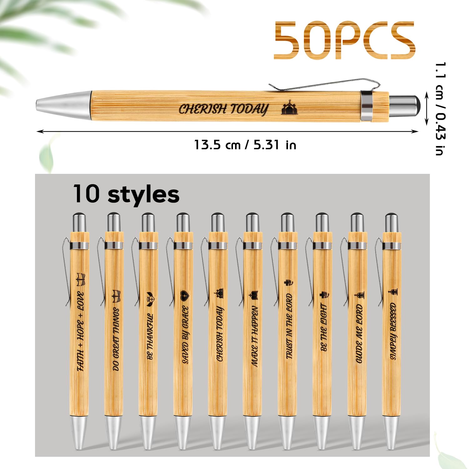 PEUTIER 50pcs Bible Verse Pens, Retractable Bamboo Ballpoint Pens - Image 2