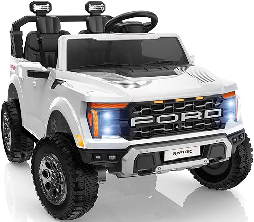 First Ride On Camión de paseo para niños de 24 V, auto eléctrico de 2 plazas con licencia Ford F-150 Raptor con control remoto, juguetes para niños