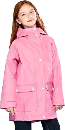 Kids Rain Jacket Hooded Lined Rubber RainCoats for Girls Boys Waterproof Windproof Size 5-14Y