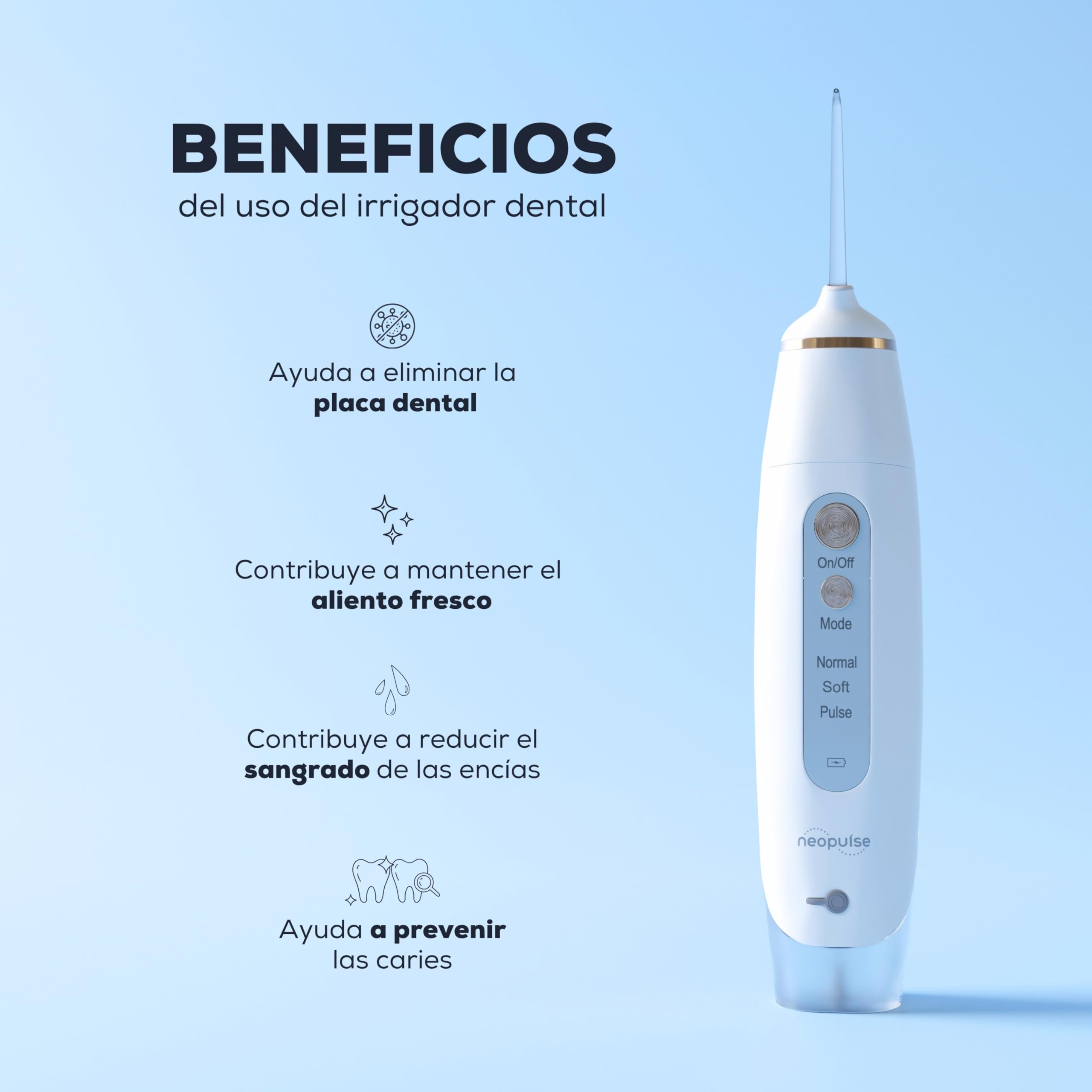 NEOPULSE MY FIRST – Irrigador Dental Portátil, 6 Niveles de Presión, 4 Boquillas Incluidas (2 Clásicas + 2 Ortodónticas), Depósito 165 ml, Recargable USB-C, Ideal Ortodoncia y Encías Sensibles, Blanco