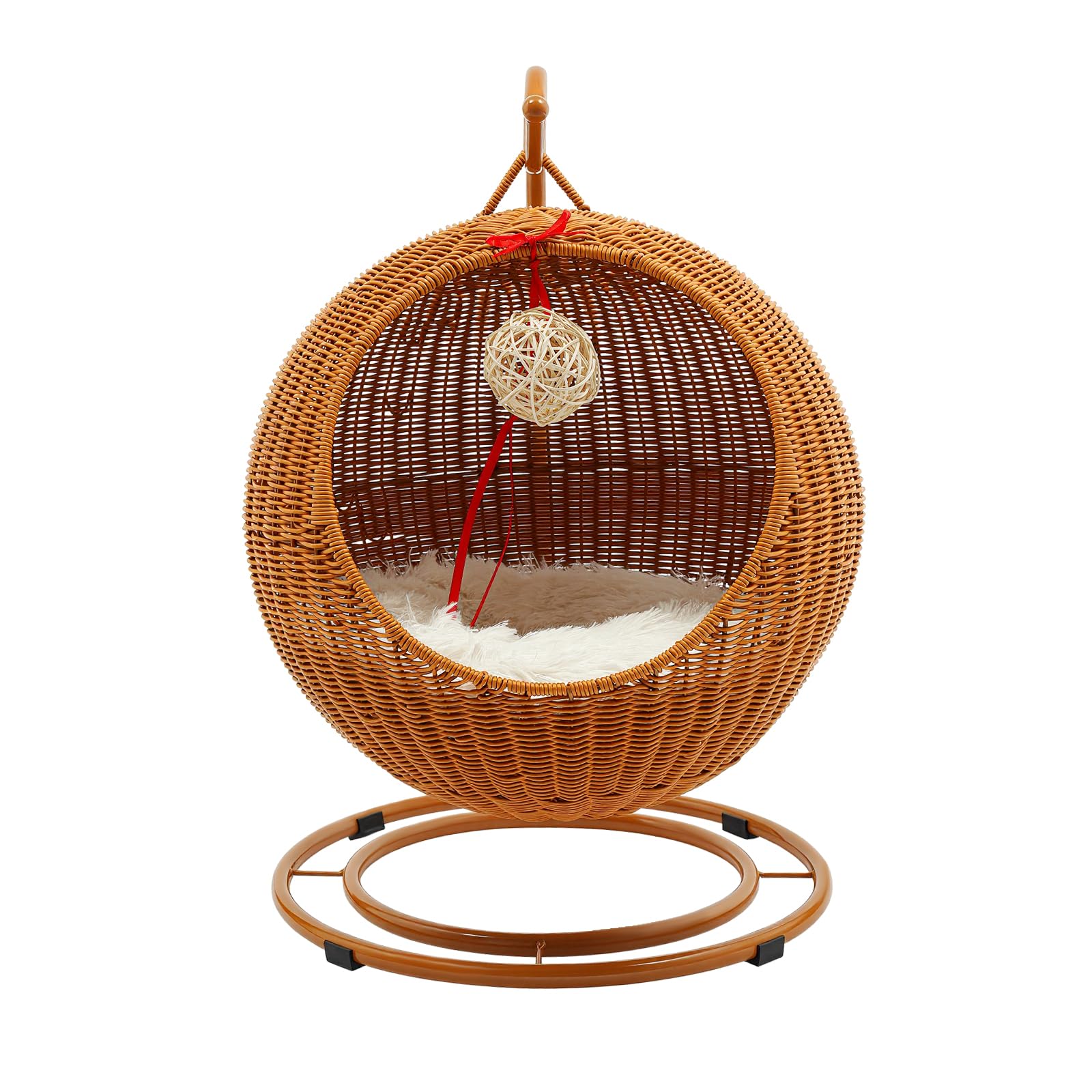 Katzen-Schaukel mit Korb aus PP-Rattan Freistehend Katzenstuhl für Drinnen mit Hängematten-Funktion, Katzenbett mit Kratzbaum, Spielball & Kissen, für Katzen bis 7,5 kg, GelbBraun