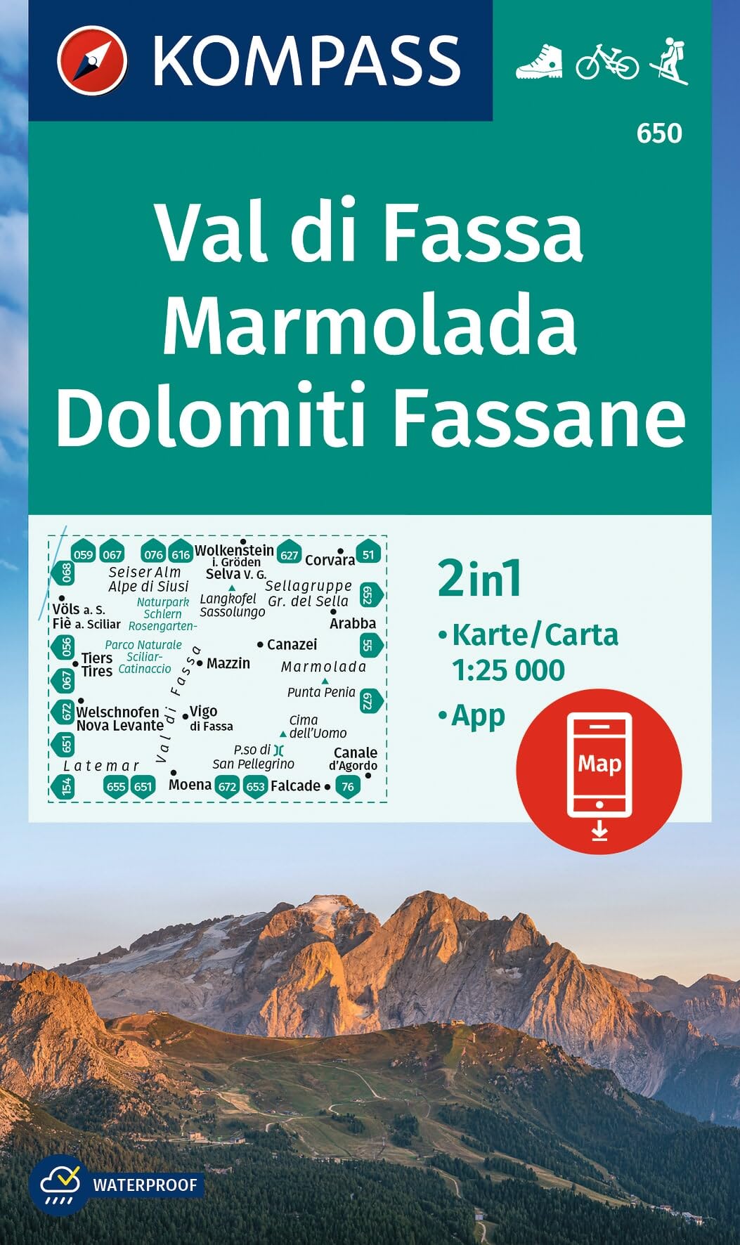 Val di Fassa - Marmolada - Gruppo di Sella K650 1:25,000: Marked hiking trails, huts, cycling routes. 1:25000.: 650