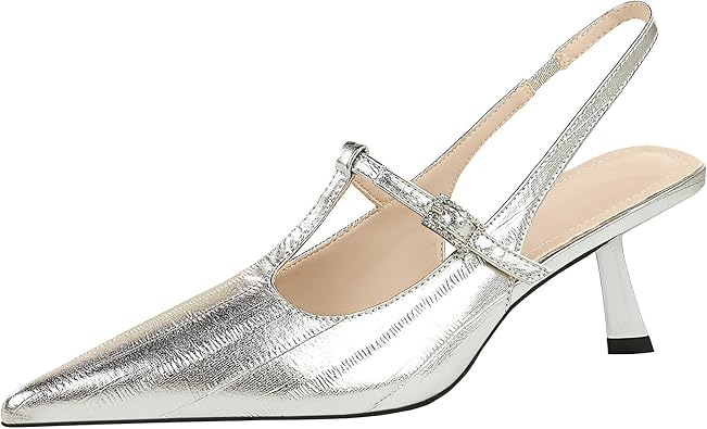 baobeijiadao Womens Pointed Toe Heels Slingback Slip On Pumps Close Toes T Strap Heeled Sandals Kitten Heel Dress Shoes for Women