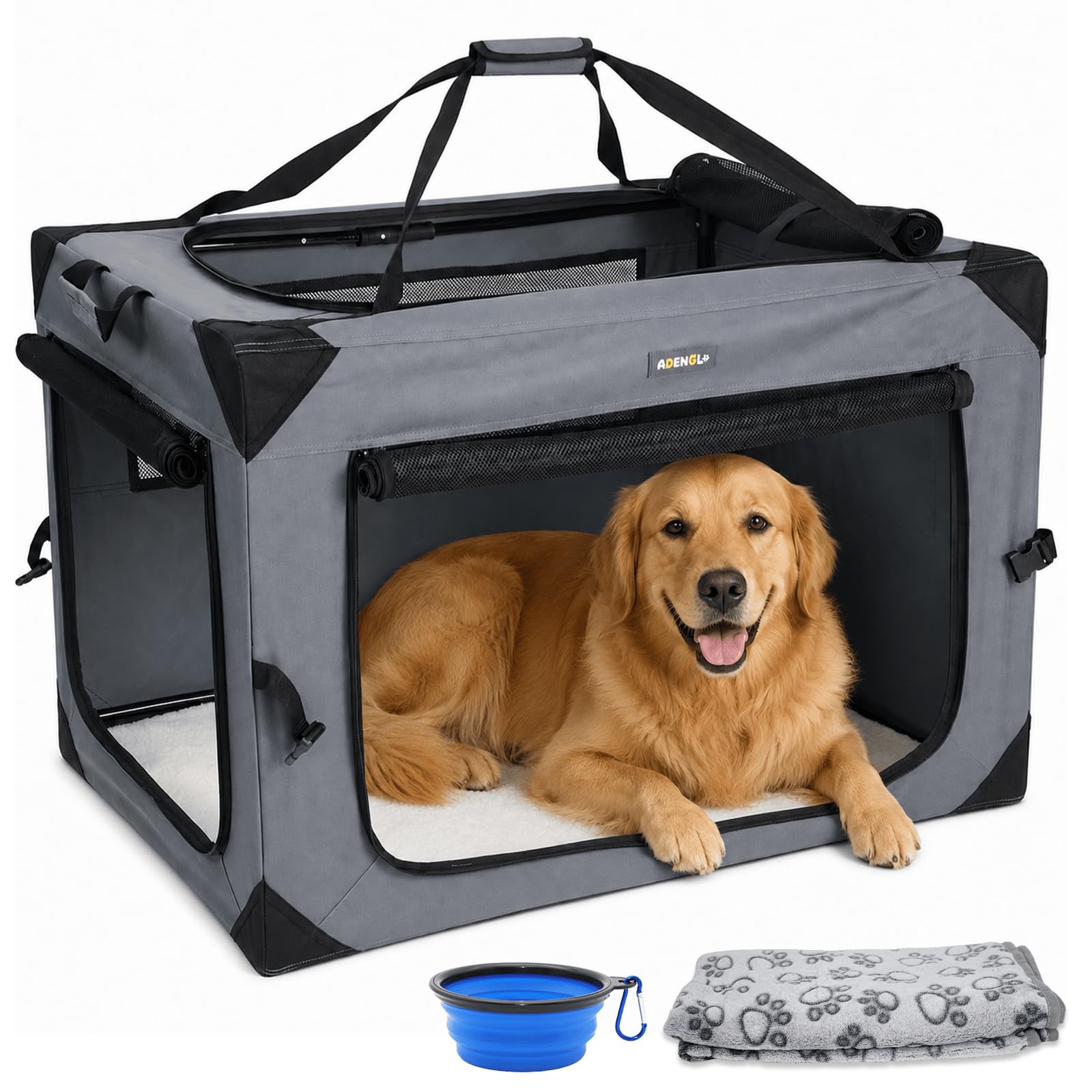 Gabbia per cani da viaggio pieghevole da 91 cm, portatile con tappetino in peluche, coperta morbida e ciotola pieghevole, uso interno ed esterno, facile da installare e piegare, adatta per razze