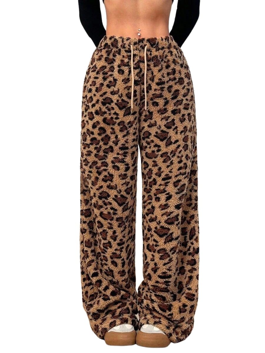 ZAFUL Women's Fuzzy Plush Pajama Pants Wide Leg Pj Bottoms Lounge Pants