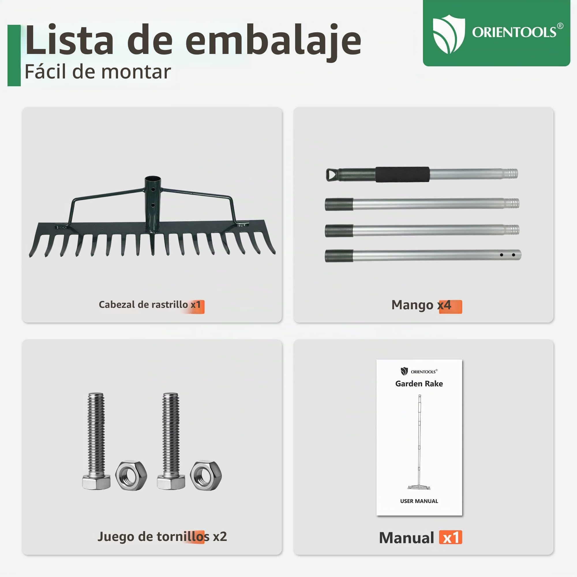 ORIENTOOLS Rastrillo de jardín, resistente, 44 cm de ancho x 160 cm de alto, verde, 1,7 kg