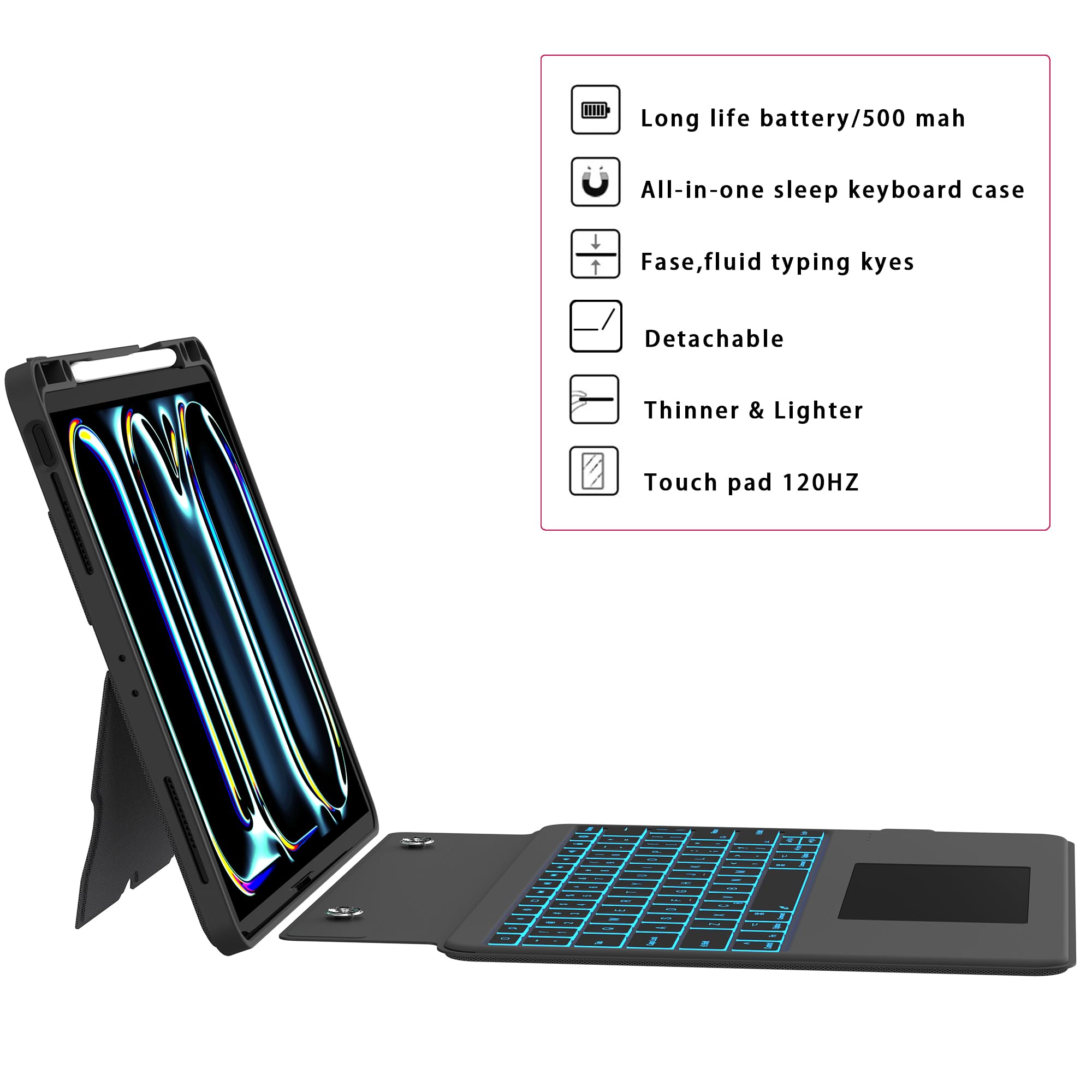 for iPad Pro 13-inch (M4) 2024 Case with Detachable Keyboard : 7 Color Backlit, Smart Touchpad, Vertical Stand, Auto Sleep/Wake up, Folio Tablet Keyboard Case with Pen Holder for 13