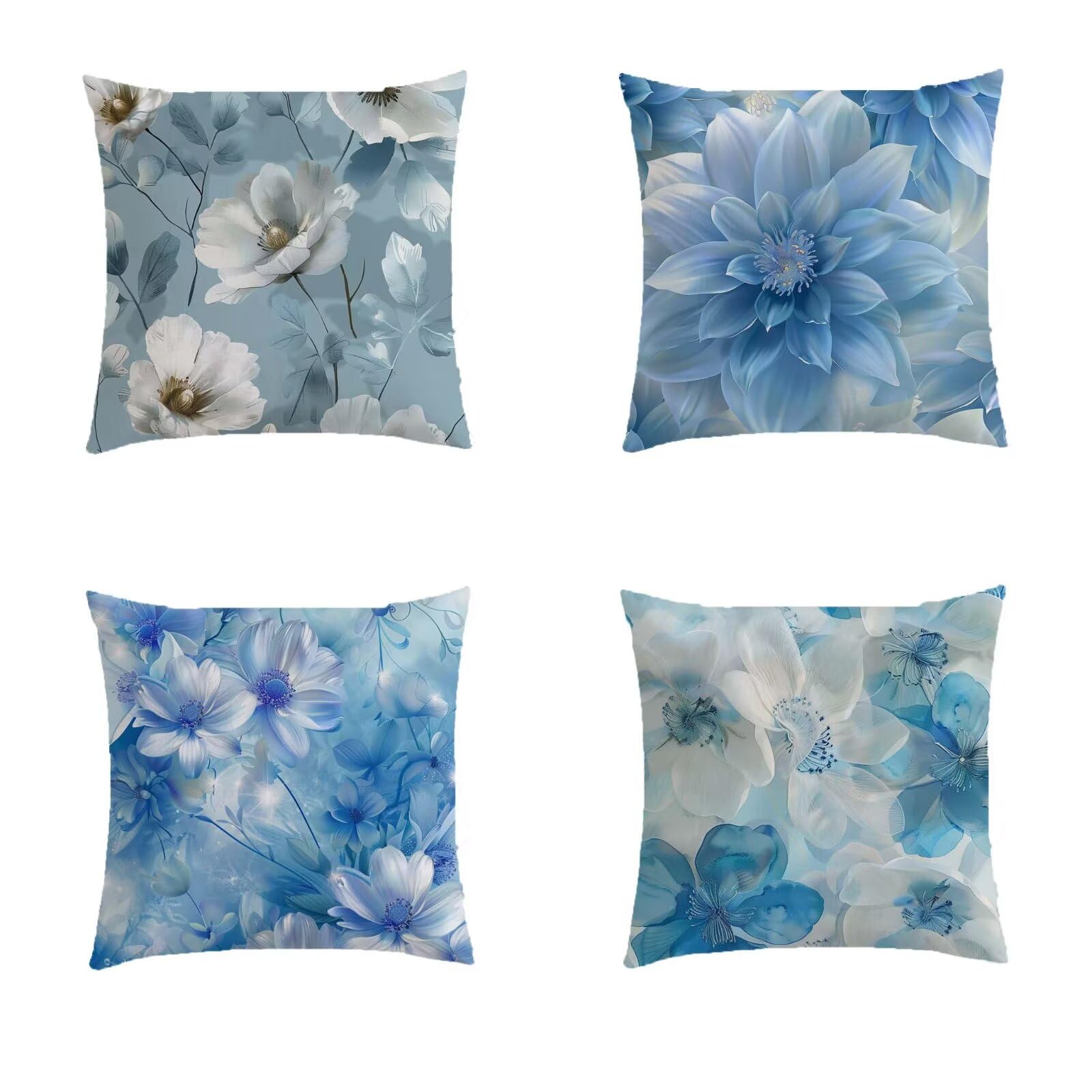 Housse coussin 70x70cm bleu aspect lin avec impression double face