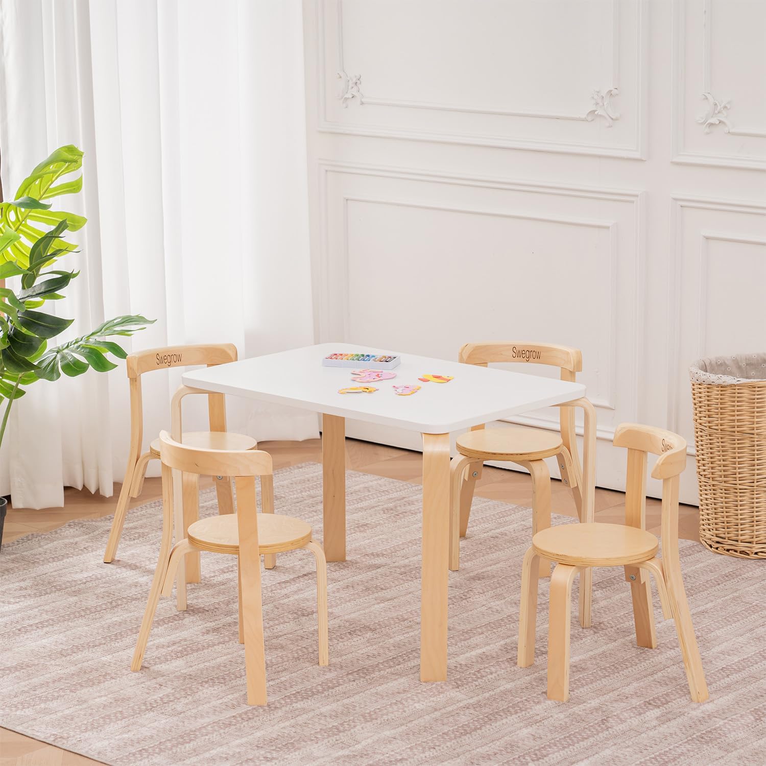 Swegrow Kids Table and 4 Chairs Set, Wooden Table and Chairs for Kids & Toddler，Kid Wooden Furniture for Playroom/Home/Kindergarten