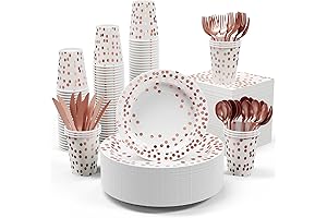 White and Rose Gold Party Supplies: 350-Piece Disposable Dinnerware Set