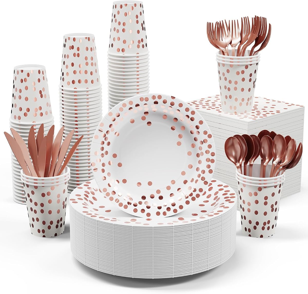 White & Rose Gold Paper Plates 350PCS Disposable Dinnerware Set | Party Supplies Paper Plate Napkins Cup, Gold Plastic Forks Knives Spoon for Graduation, Birthday, Thanksgiving&Cocktail Party