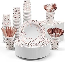 White and Rose Gold Party Supplies - 350 PCS Disposable Dinnerware Set - White Paper Plates Napkins Cups, Gold Plastic Forks Knives Spoon for Graduation, Birthday, Thanksgiving, Cocktail Party