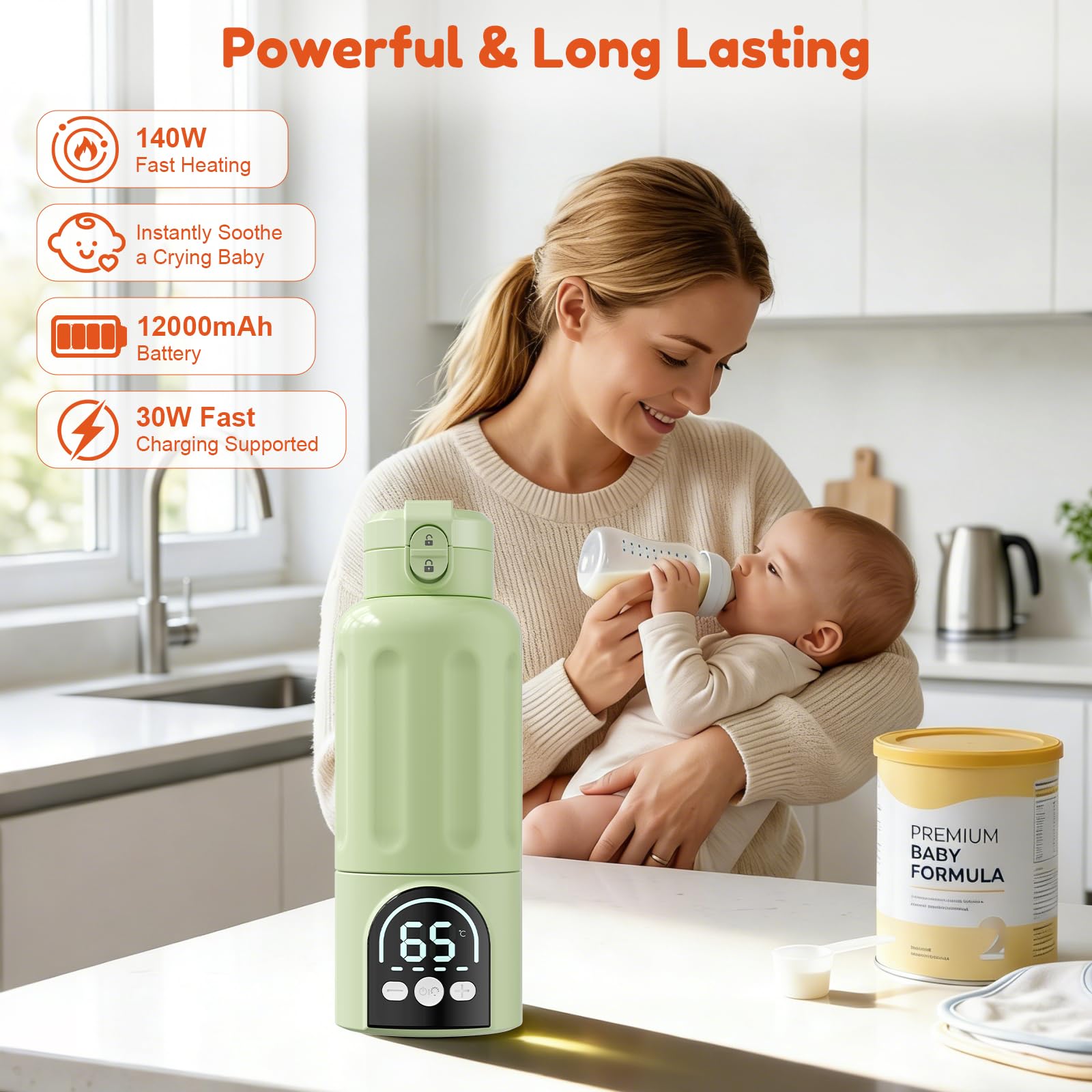 Scaldabiberon, Riscaldamento Rapido e Lunga Durata della Batteria 12000mAh, Controllo della Temperatura, 500ml Scaldabiberon per Tutto il Giorno per Latte Materno, Formula o Acqua (Verde)