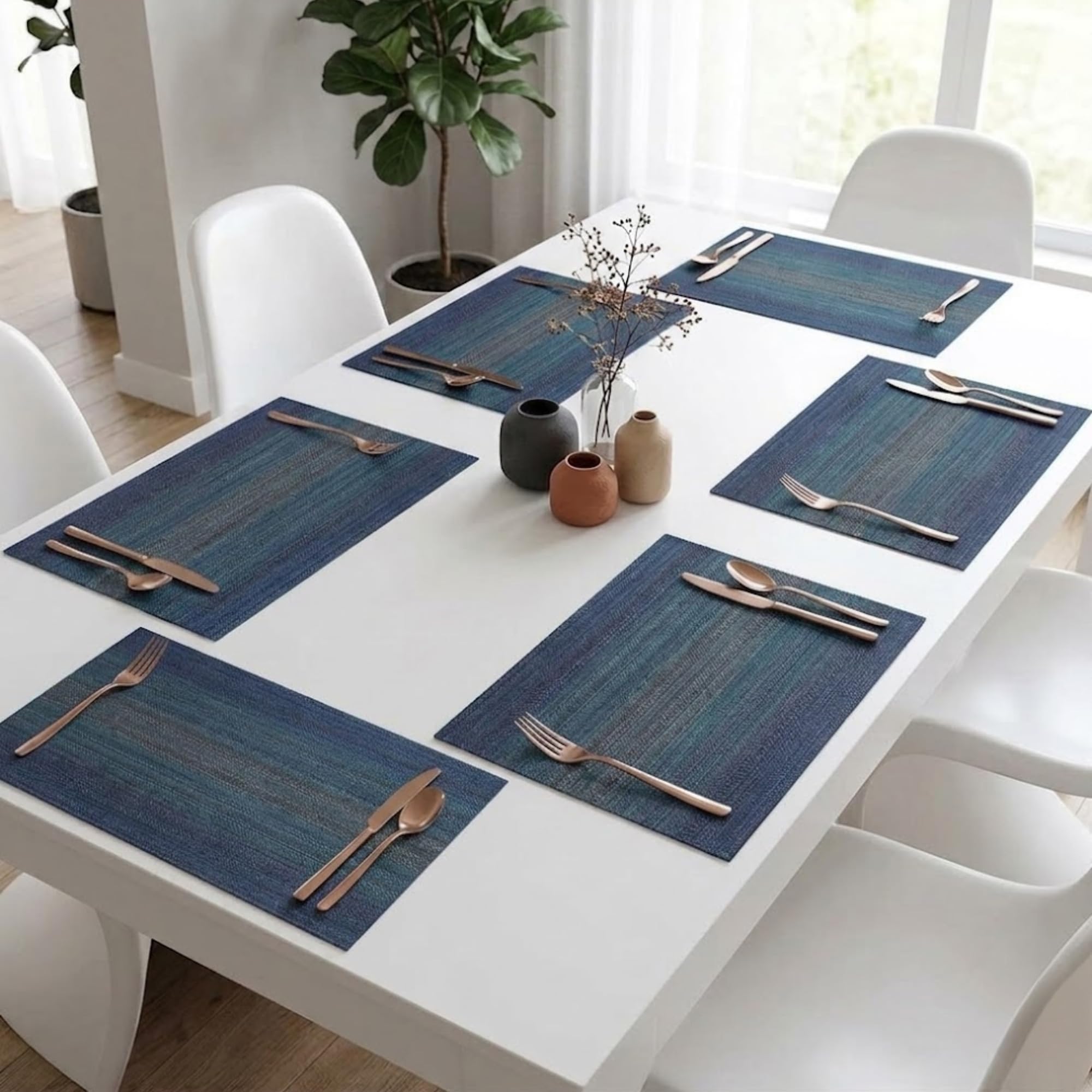daiDokoro Rectangular Crossweave Woven PVC Vinyl Non-Slip Insulation Heat-Resistant & Waterproof Stain Resistant Washable Placemat for Dining & Kitchen Table-(Blue,Set of 6)