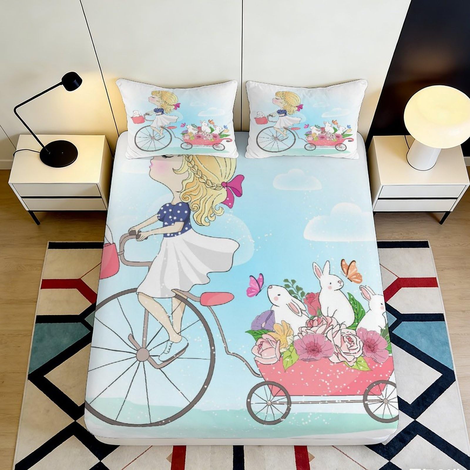 3D Printed Girl Riding Bicycle Fitted Sheet Microfiber Cartoon Rabbit Floral Mattress Cover Bedroom Decor 90x200x25cm