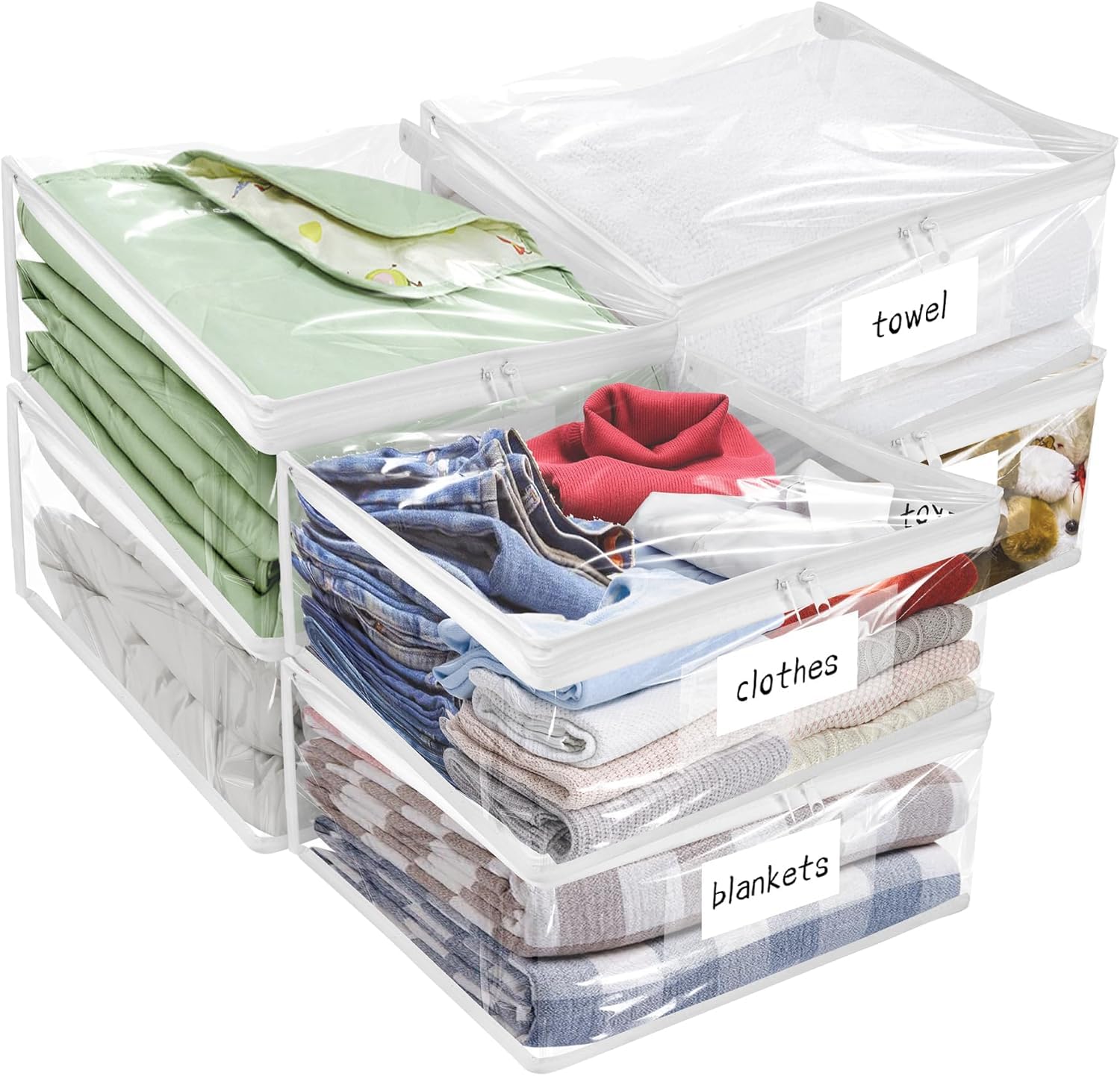 Plastic Storage Bags with Easy-Glide Zipper, Pack of 6, Durable Clear Vinyl Zippered Storage Bags for Clothes Sweaters Comforters Blankets Sheets Bedding (21.6 x 13.7 x 12.4 Inch, White)