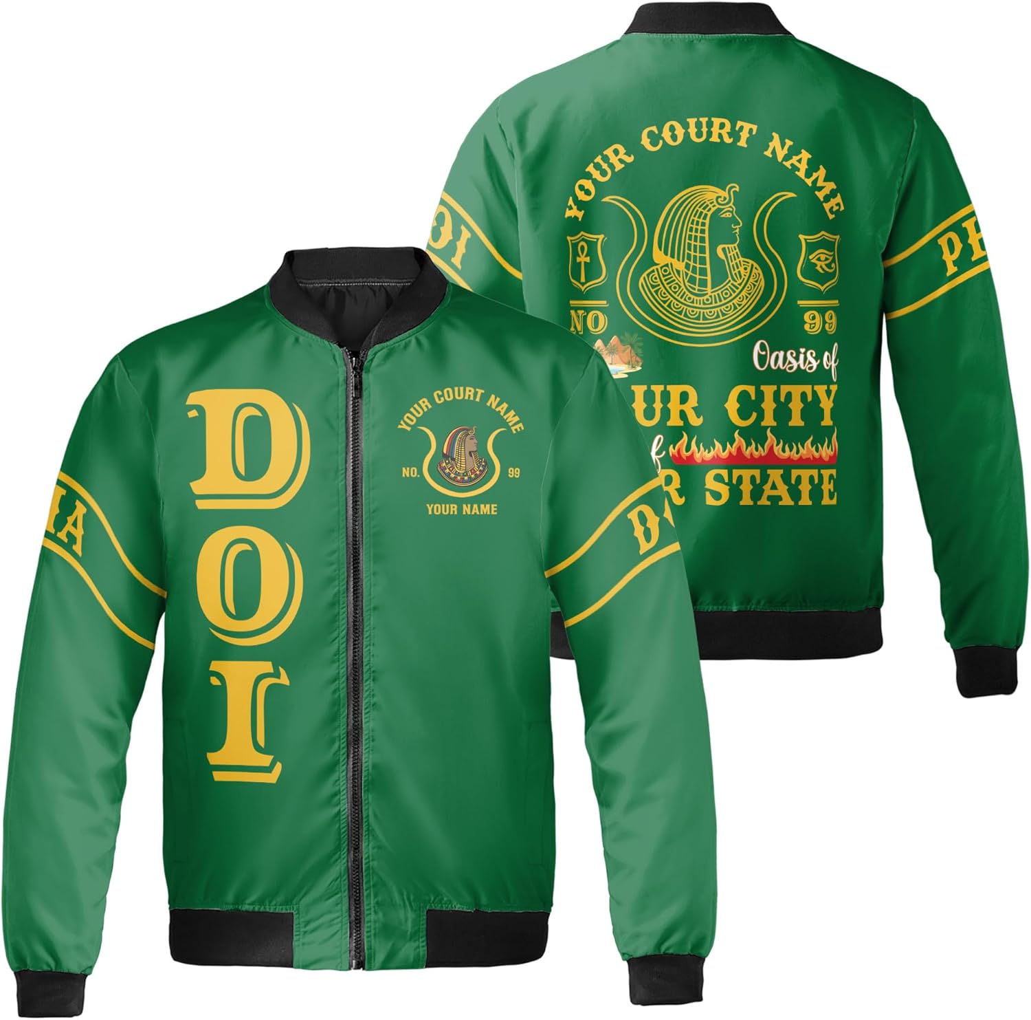 Custom DOI Zip, Anubis Egyptian Style, Personalized Court Name City State, Bomber Jacket S-5XL