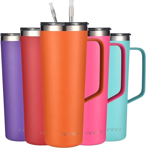 Mininoo Vaso de 24 onzas con asa, taza de café de viaje aislada con tapa y pajitas, vaso de café de acero inoxidable a prueba de fugas (zanahorias)