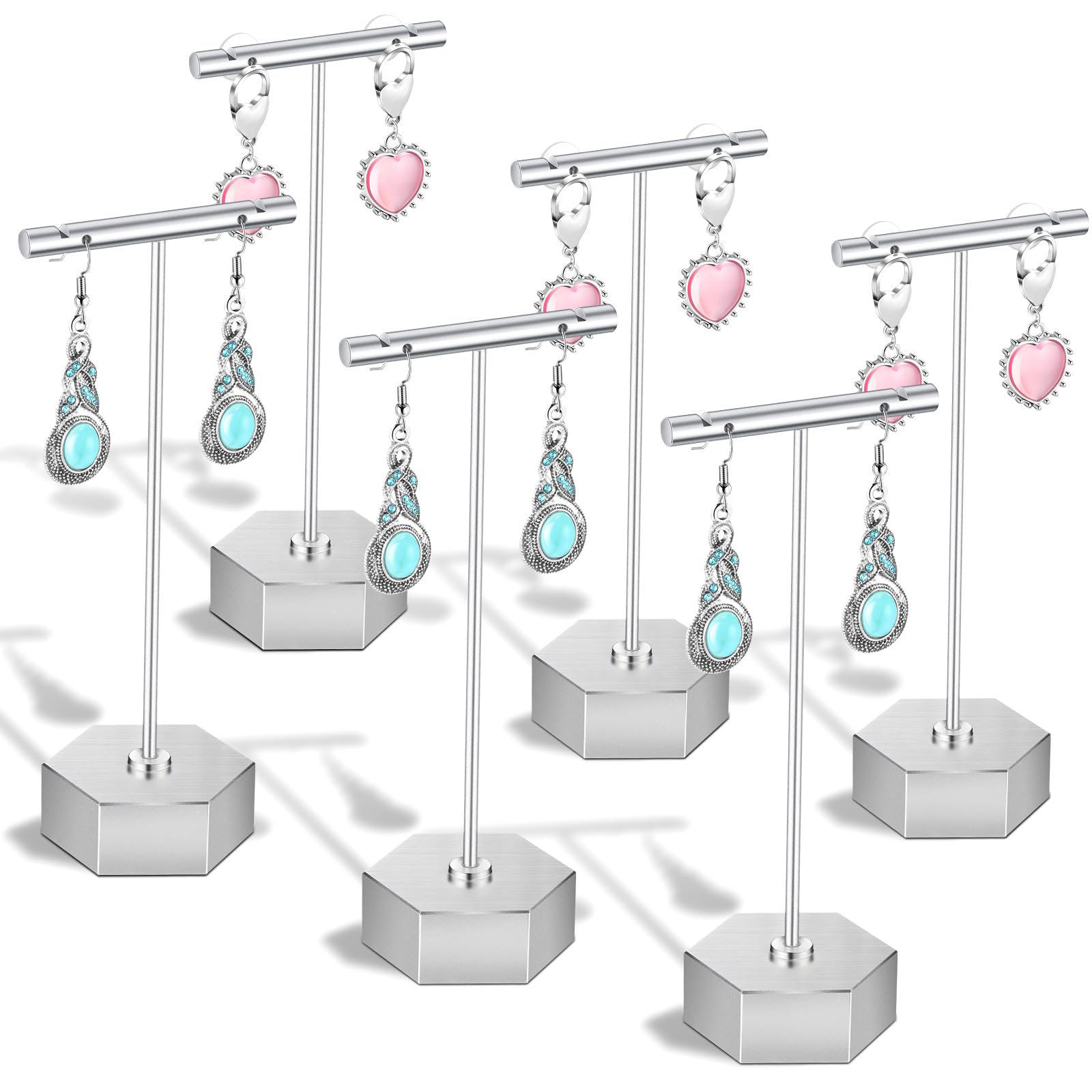 Reginary6 Pcs Metal Earring T Bar Stand Retail Earring Display Holder with Hexagon Base Tabletop Jewelry Tower Necklace Organizer for Bangles Bracelets, Hexagon Base 6 Pcs Height 4.5" and 5.3" (Silver)