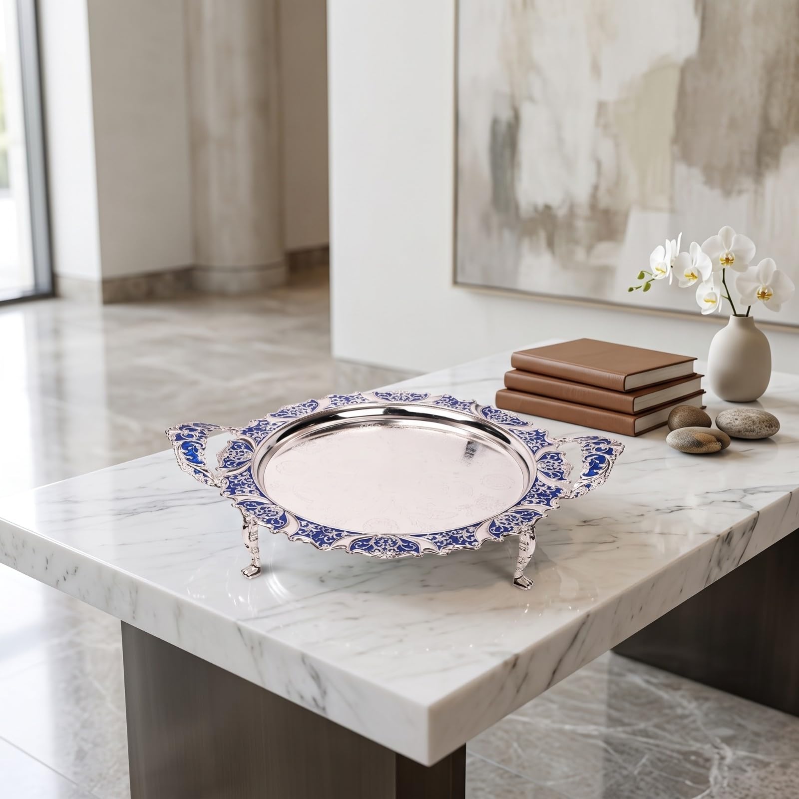 Bandeja con Borde Repujado Elegante | Diseño Vintage Elegante, Bandeja Aleación Zinc, Brillante, para Bo, Hoteles, Plata