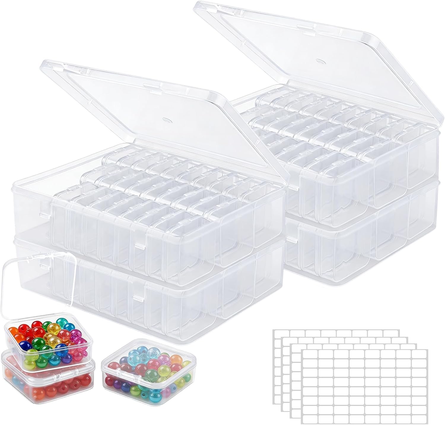 Bead Organizer Box 4 Pack, 120 Small Girds Bead Storage Organizer, Beads Storage Containers with 4 Sheets Label Stickers, Beading Storages for Art DIY Jewelry Fishing Tackle Crafts Storing