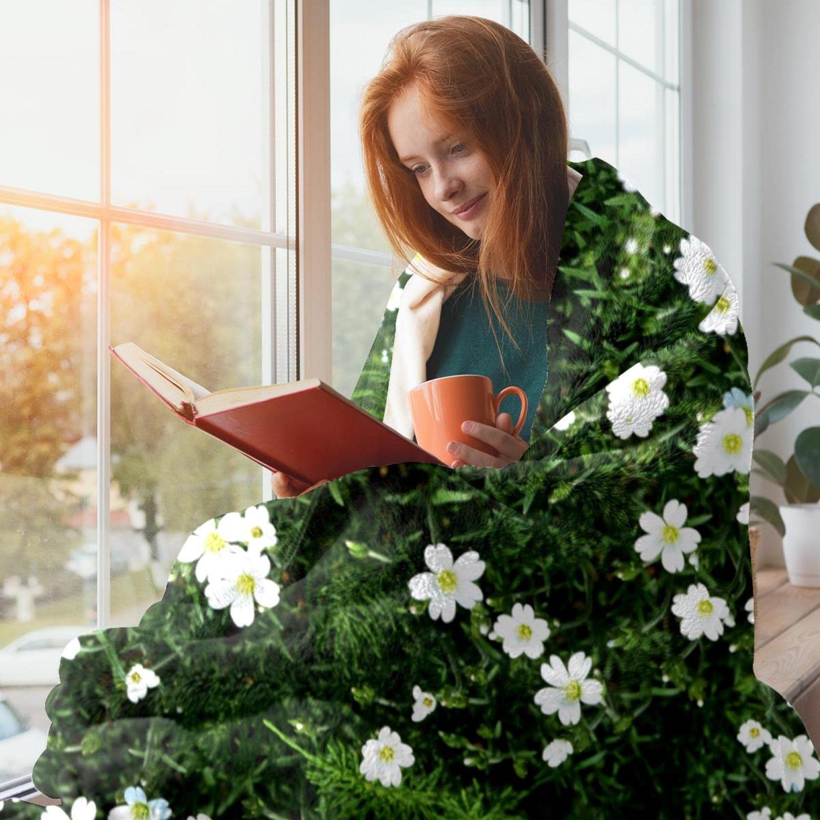 Amazon｜フリース スロー ブランケット ベッド ブランケット、白い花畑