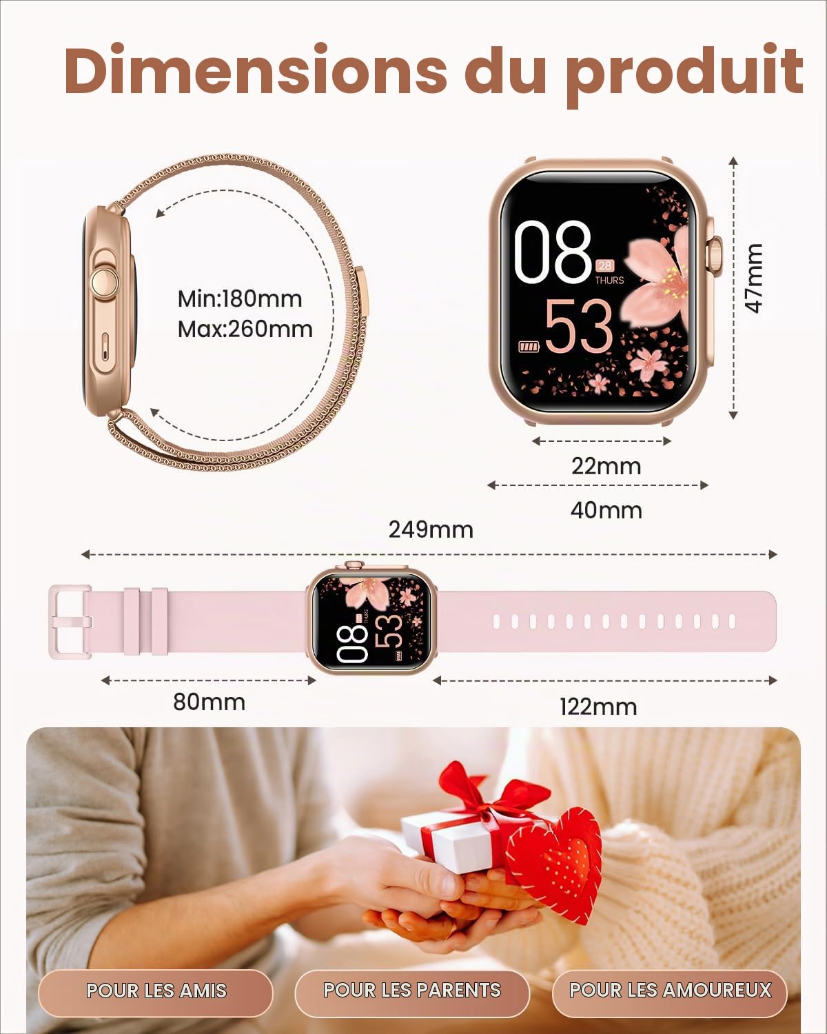 SWGOTA Montre Connectée Femme avec 1000mAh Batterie, Autonomie 100 Jour Ultra-Longue, 1.83" HD Smartwatch Appel, 24H Fréquence Cardiaque/SpO2/Sommeil, 120+ Sports, IP68 Podomètre Android iOS Or Rose