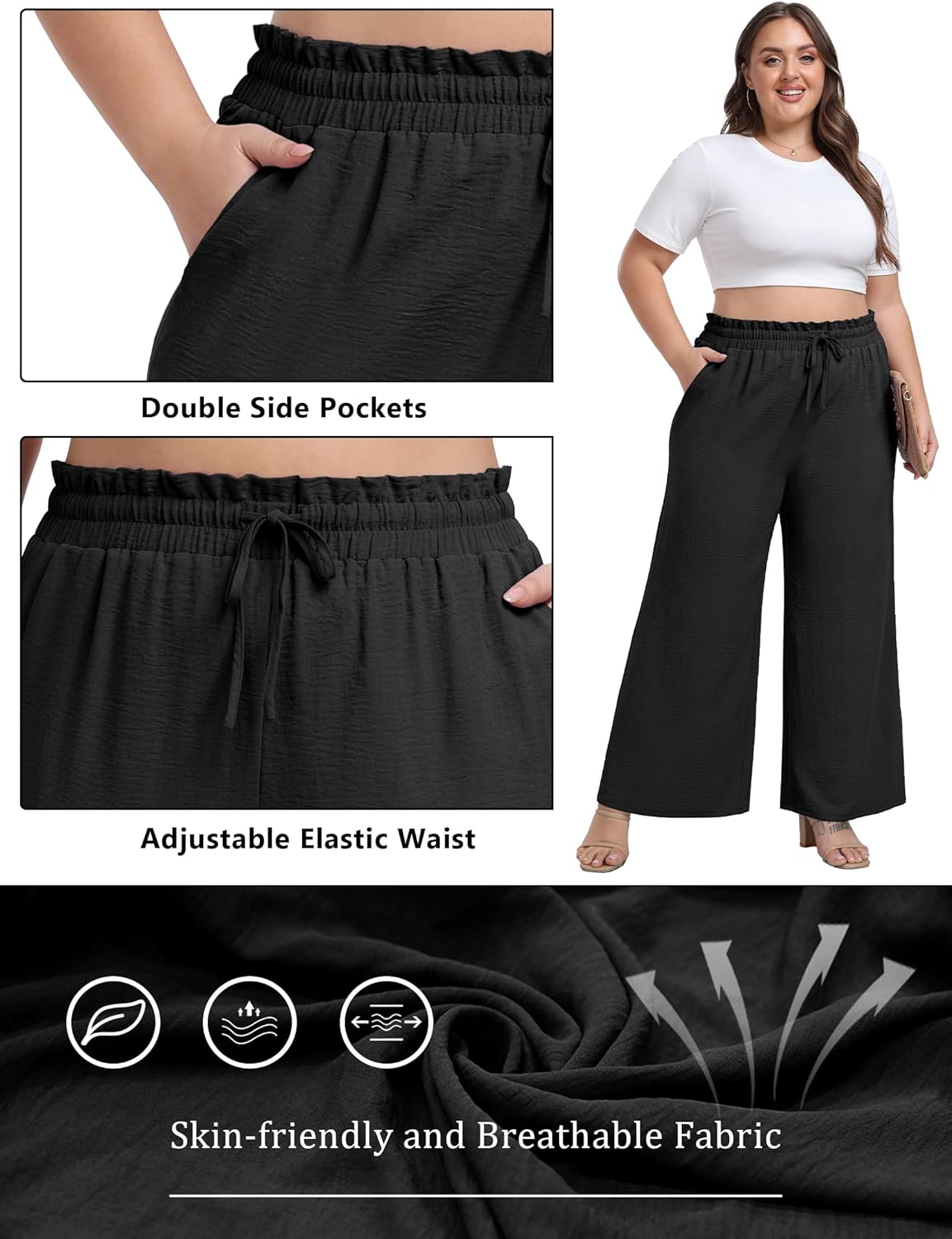 OLRIK Women's Plus Size Pants Adjustable High Waisted Wide Leg Palazzo Casual Trousers with Pockets Spring Clothes - Image 4