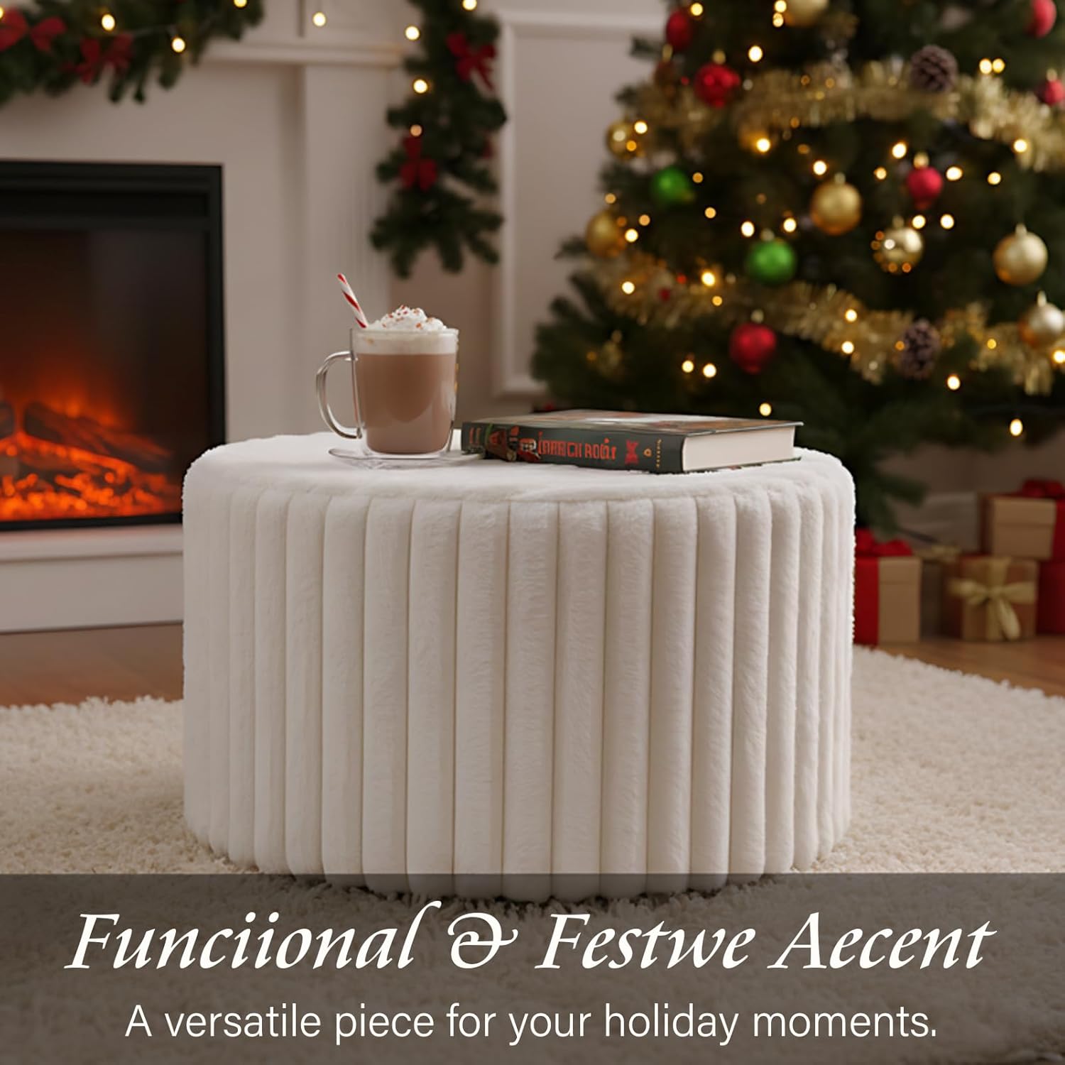 LITA Round Stuffed Pouf Ottoman, Corduroy Poufs with High-Density Foam Filling and Washable Cover, Furry and Fluffy Bean Bag Foot Stools Ottoman for Living Room, Bedroom, Office, Beige, Round