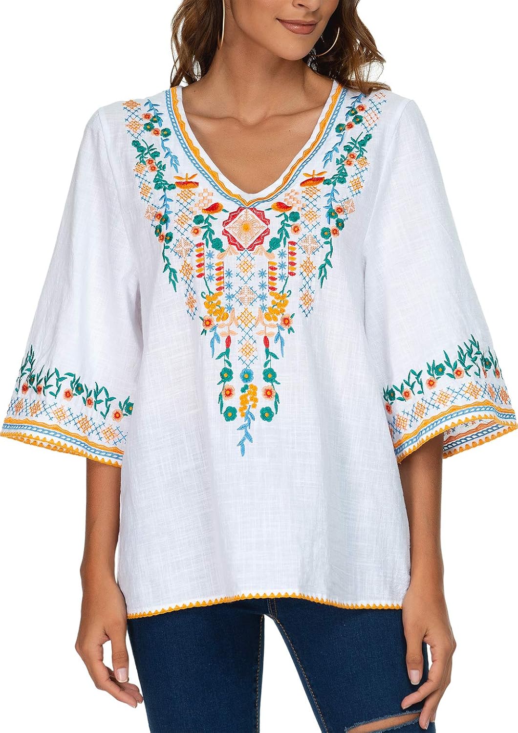 YZXDORWJ Women's V Neck Embroidered Mexican Peasant Blouse - Image 5