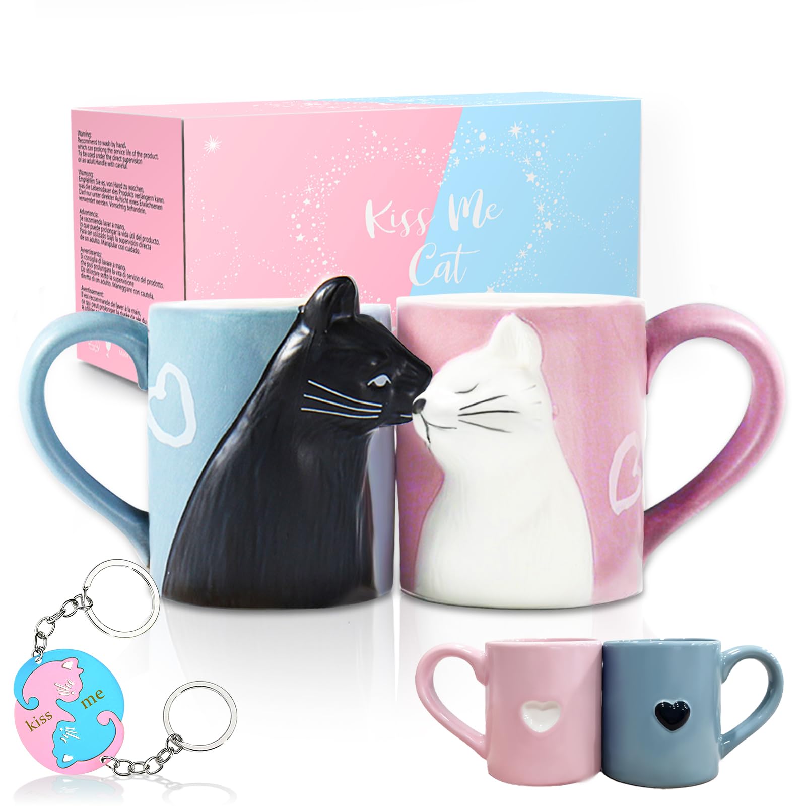 Kiss Cat Coffee Couple Handmade Mug, Funny Tea Ceramic cup set for Bride and Groom, Matching Gift for Engagement Wedding and Married Couples Anniversary Valentines Day Girlfriend Wife