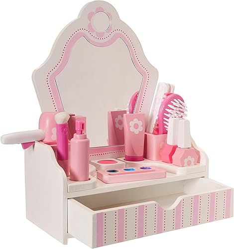 Miniatura 3 de Melissa & Doug Juego de madera para salón de belleza, tocador de 18 piezas con juguetes de simulación, maquillaje, espejo, accesorios y más