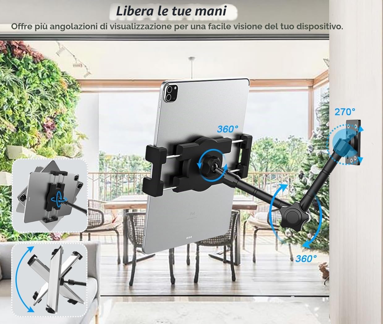 Supporto Tablet Muro Braccio Regolabile, Metallo Porta Parete iPad Girevole | Staffa Muro Braccio Oscillante per iPad Pro Air Mini, Switch, Lenovo, Galaxy Tab, Fire, Telefono (4-13")