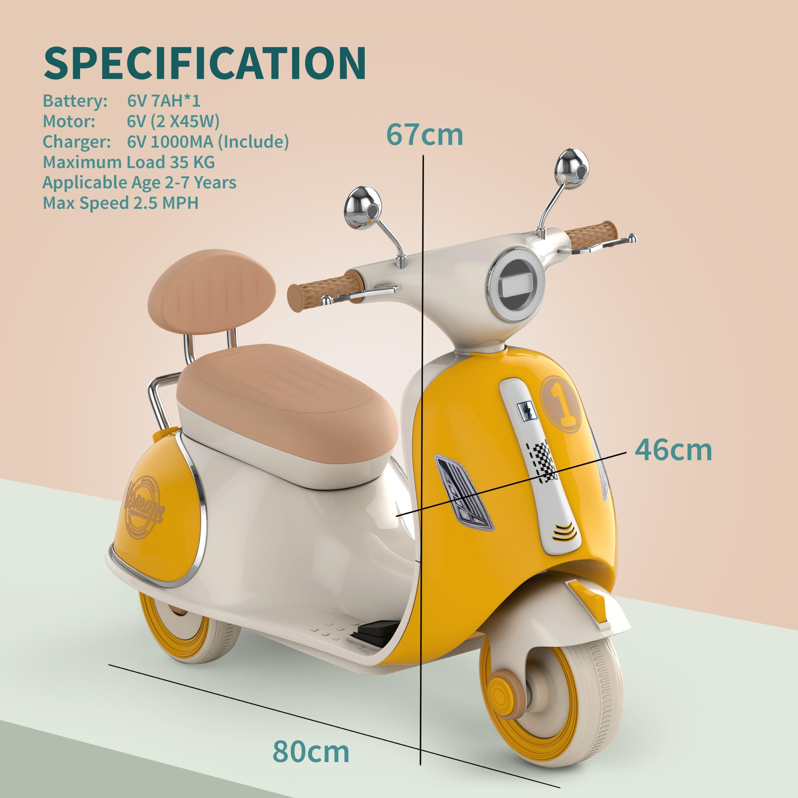 kidsROAR Electric Bike for Kids, Battery Operated Vintage Scooter for Girls and Boys with Music Wide Seat, Safe Bike for Kid, Ages 2-6 Years, Stylish & Fun Design SR-6188 (Yellow) - Image 5 thumbnail