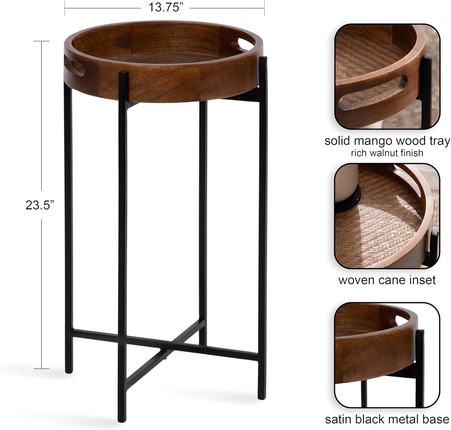 Kate and Laurel Smita Metal and Wood Round Accent Tray Table; 14 x 14 x 24; Black; Transitional Small Nightstand Table with a Woven Cane Tray Tabletop or a TV Table for Eating