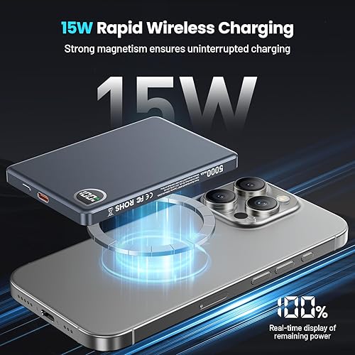 Miniatura 4 de Cargador portátil con cargador portátil, batería ultradelgada de 5000 mAh con USB-C y pantalla digital, batería magnética de carga rápida de 22.5 W