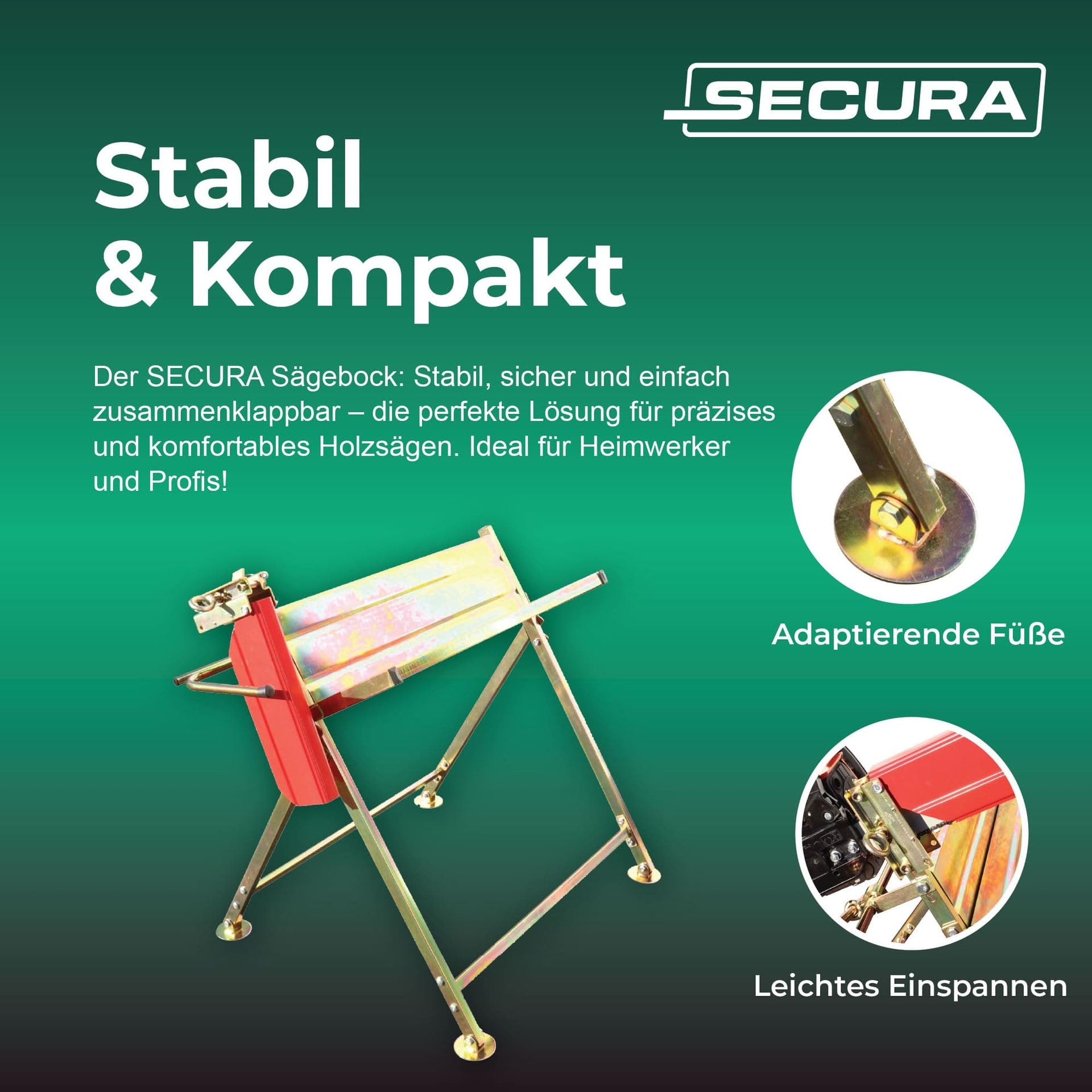 SECURA Sägebock für Motorsäge - Kettensägenhalterung mit Kettenschutz, Holzsägebock klappbar & höhenverstellbar, stabiler Sägeständer für Brennholz Secura Forstarbeiten Werkstatt