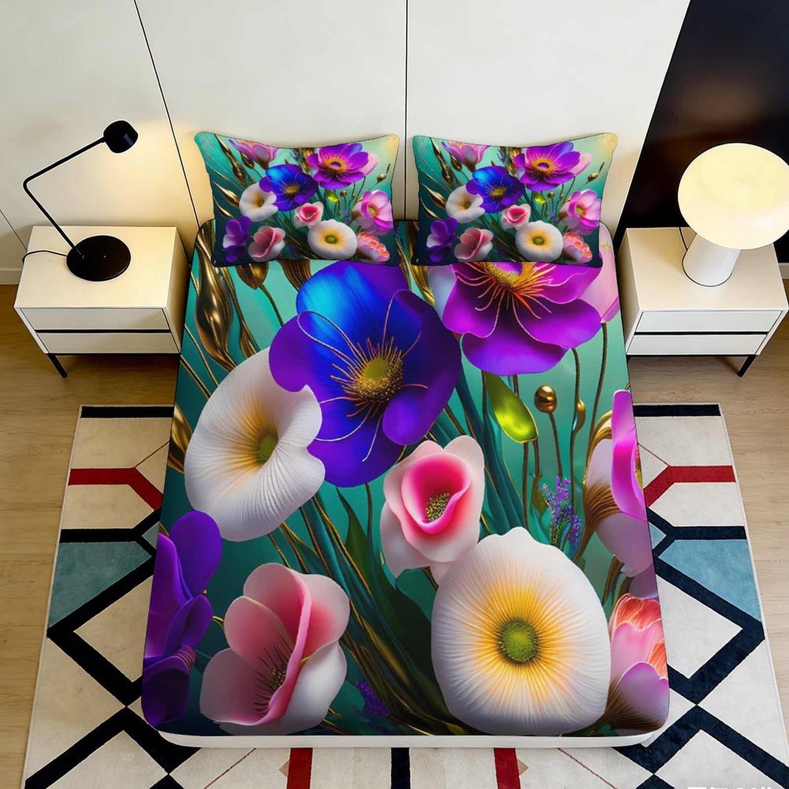 3D Printed Vibrant Floral Fitted Sheet Microfiber Soft Breathable Colorful Bloom Bed Cover for Bedroom Dormitory Guest Room Mattress Protection Decor 140x200x25cm