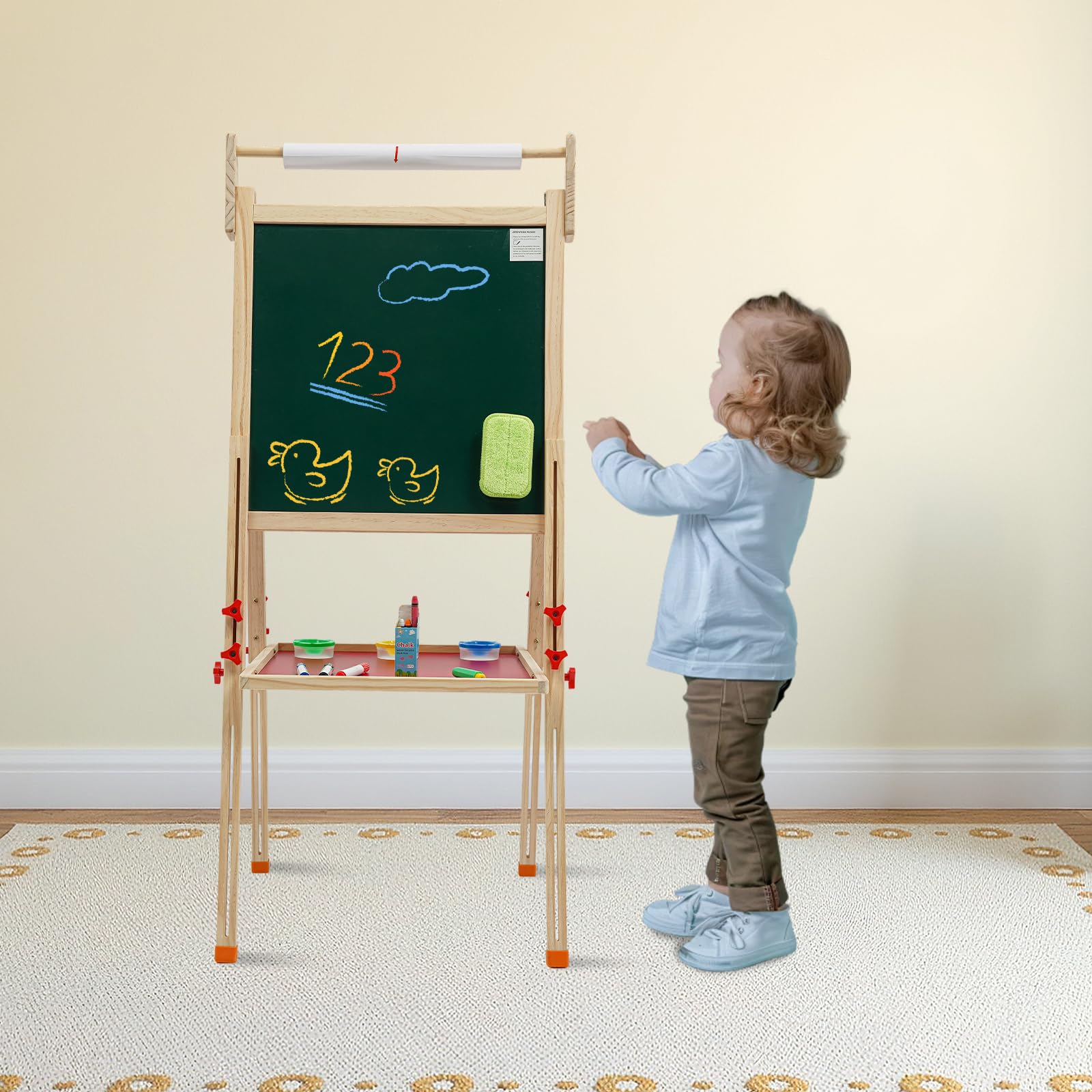 Cavalletto 3 in 1 per bambini, in legno di pino, lavagna bianca e lavagna, regolabile in altezza 85-144 cm, con rotolo di carta e accessori completi, stabile e sicuro