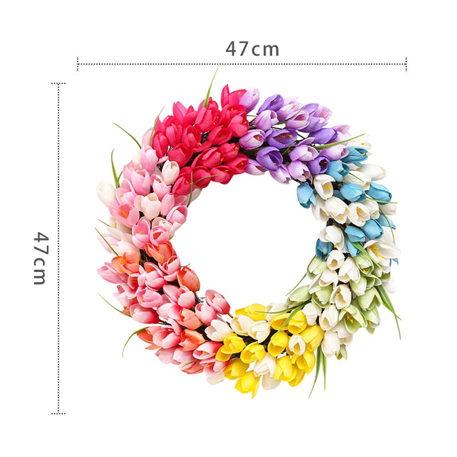 PEVSCO Lente krans met tulpen, 18 inch kunstbloem krans regenboog tulpen slinger voor voordeur binnen muur raam decor (kleur: goud