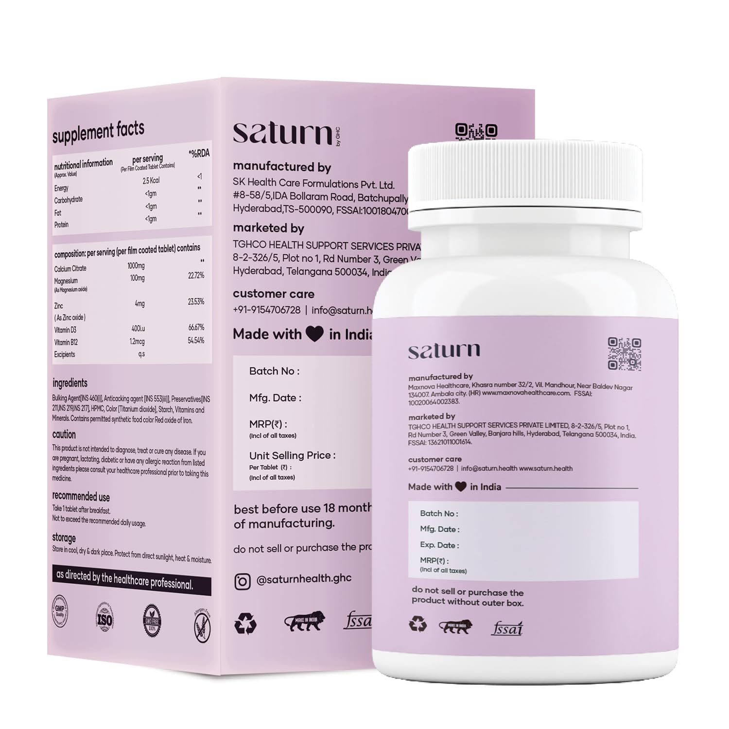 Saturn by GHC Calcium Magnesium Zinc + D3 and B12 - 1000mg Calcium Certain - Bone Health Supplement - 60 Tills Saturn by GHC Calcium Magnesium Zinc + D3 and B12 - 1000mg Calcium Certain - Bone Health Supplement - 60 Tills