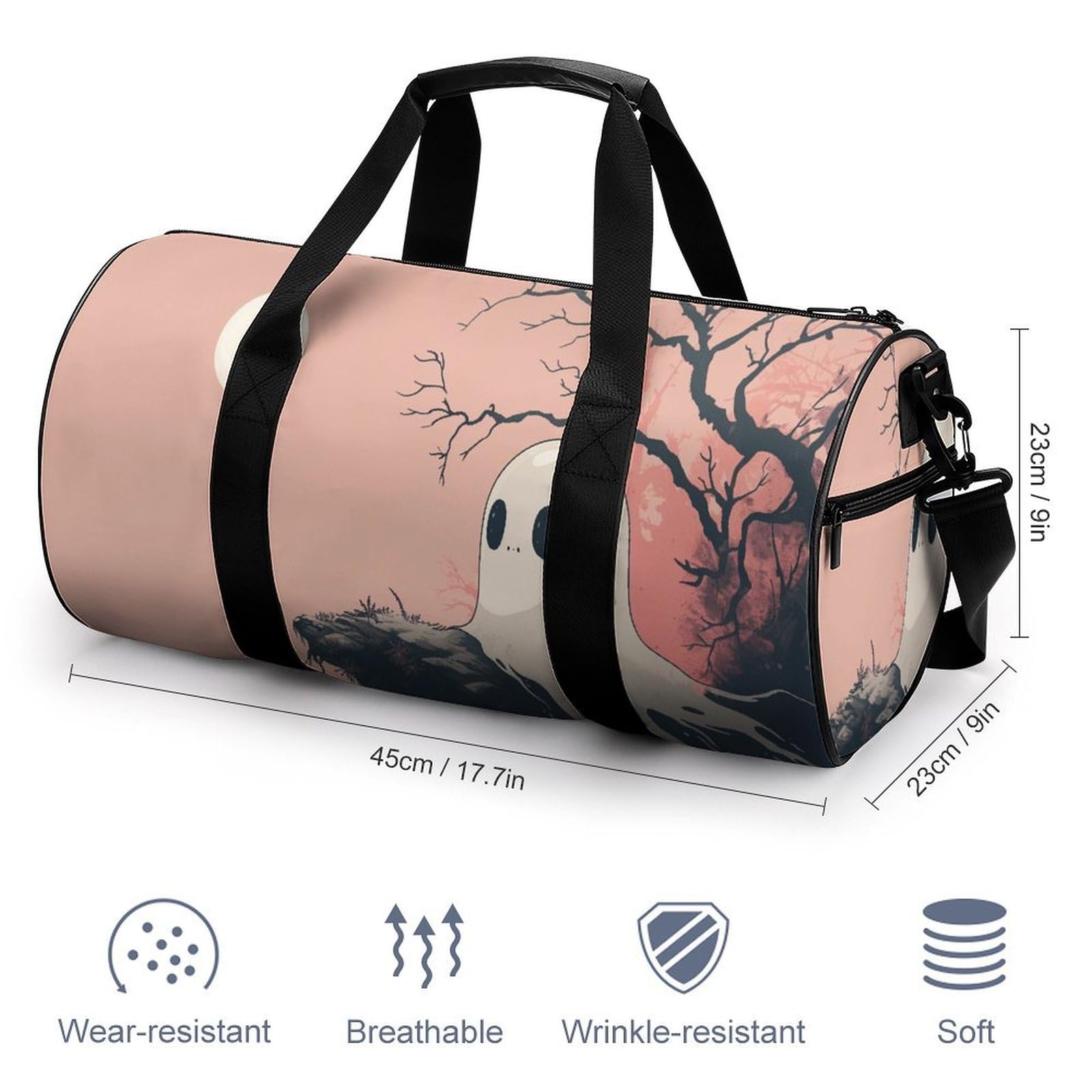 Cute Ghost Travel Gym Bag for Women Men Retro Minimalistic Cylindrical Duffle Bag Sport Workout Bag with Shoulder Strap