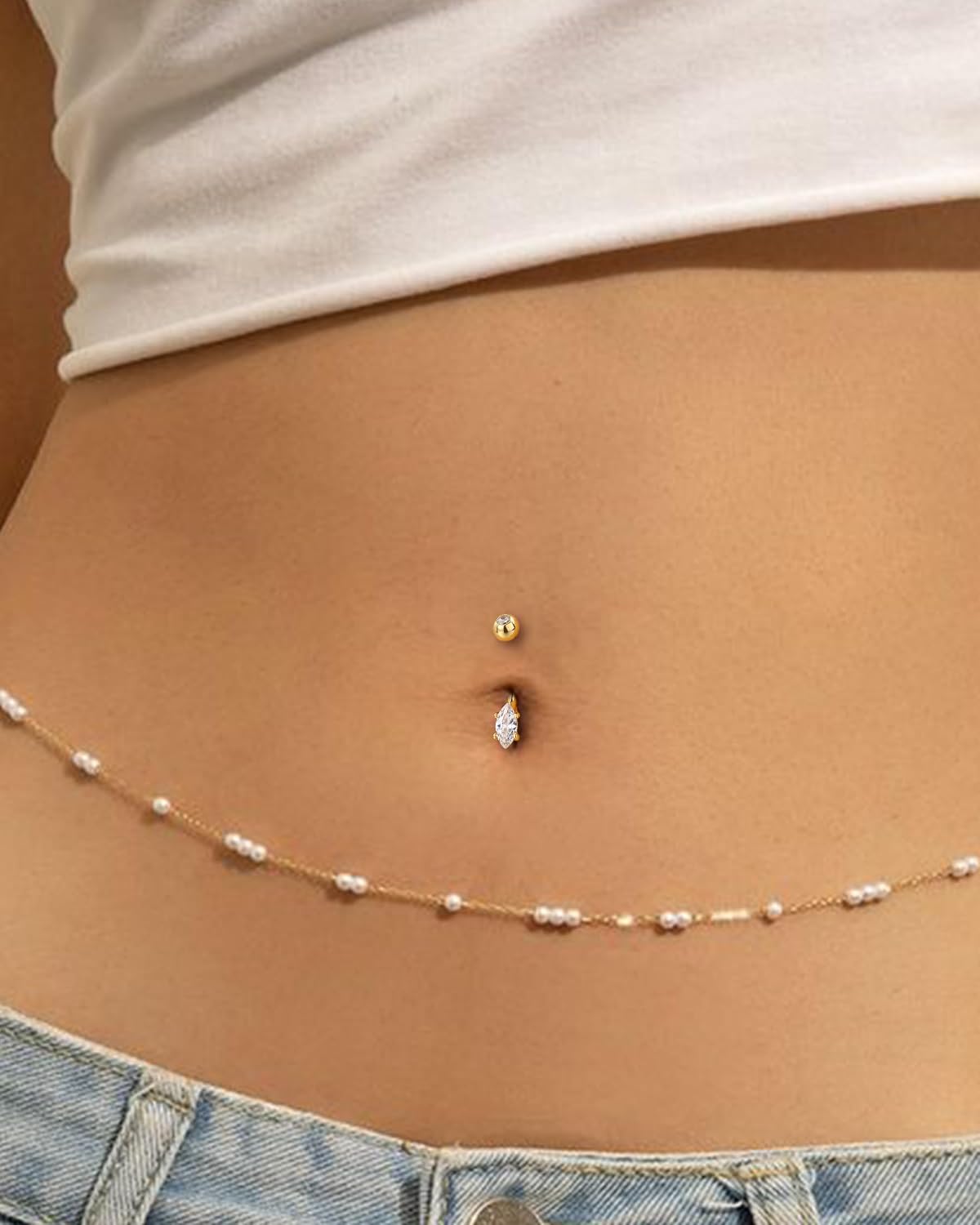 COCHARM 14K Gold Marquise CZ Belly Button Rings - White Yellow Diamond Navel Rings for Women Men - 14G Belly Piercing Jewelry