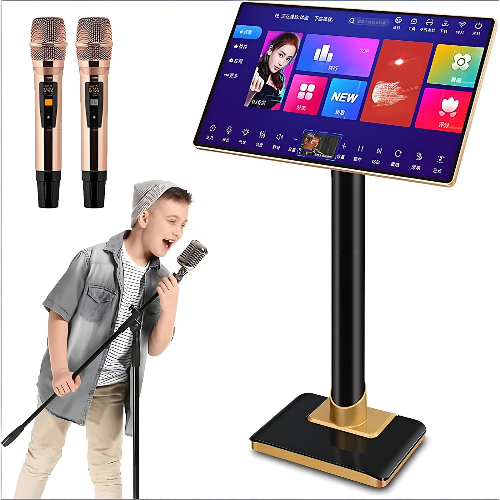 Maszyna do karaoke z 2 mikrofonami bezprzewodowymi - zestaw audio systemu karaoke 500G dla dorosłych i dzieci - z ekranem dotykowym 21,5 w 4K i aplikacją telefoniczną zamówić piosenkę 2T