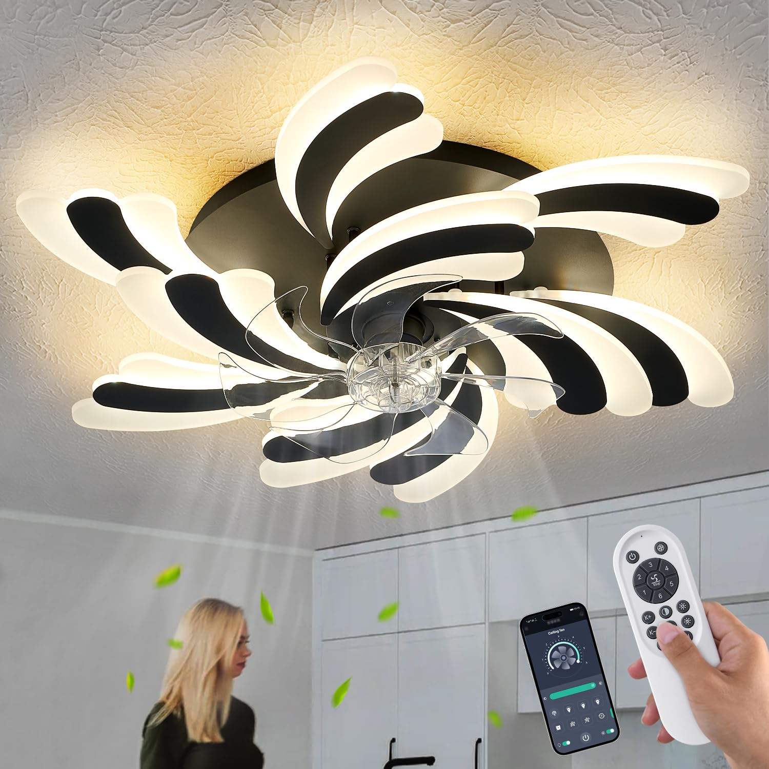 Modern Spiral Ceiling Fan with Light and Remote, Flush Mount LED Fandelier with 3-Color Dimmable Lighting & 6-Speed Silent Motor, Smart APP Control for Bedroom, Living Room, Kitchen - Black