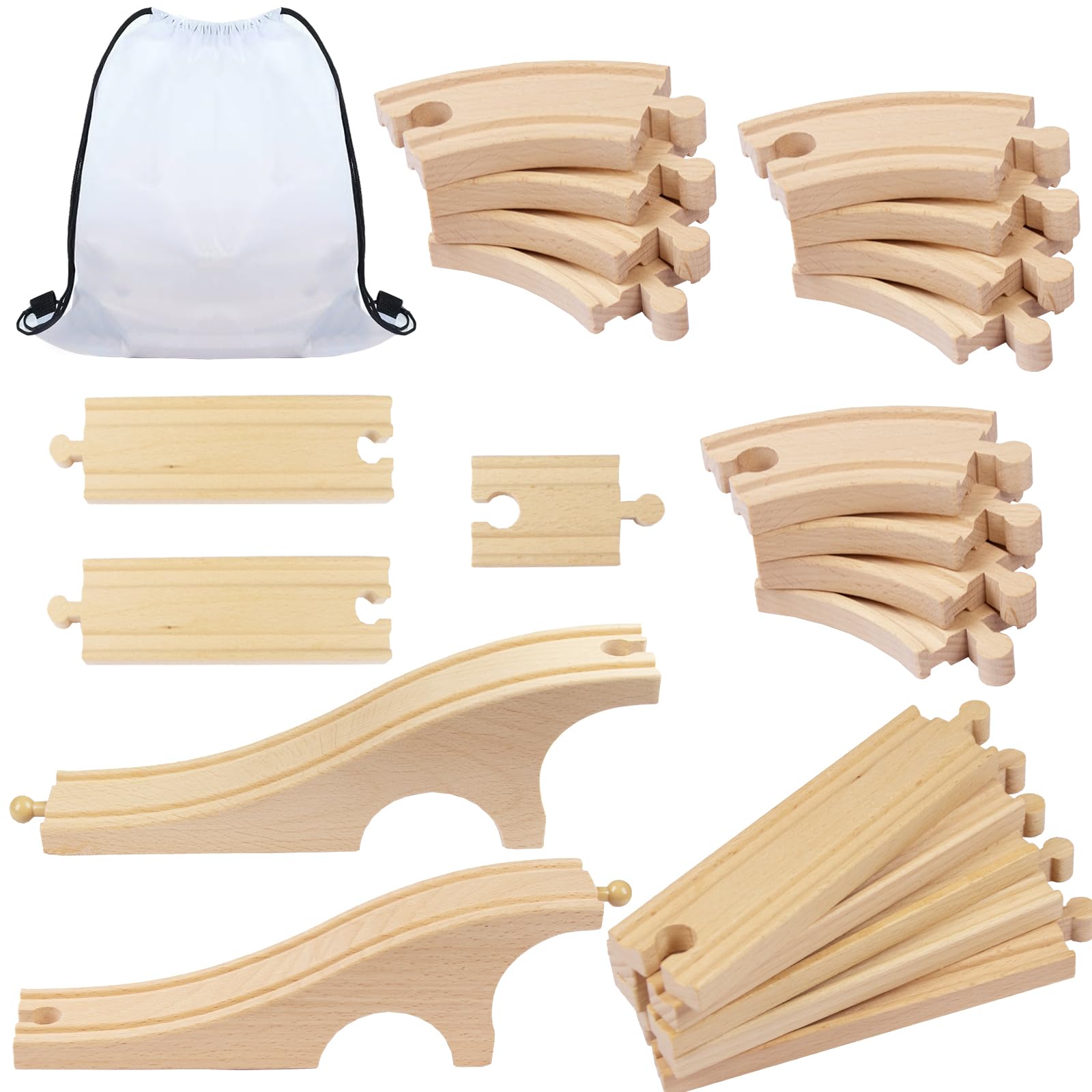 Wooden Train Track Set – 22-Piece Expansion Pack, Compatible with All Major Wooden Railway Systems, Includes Curves, Straights & Adapters – Ideal Train Track Accessories for Kids Ages 3+