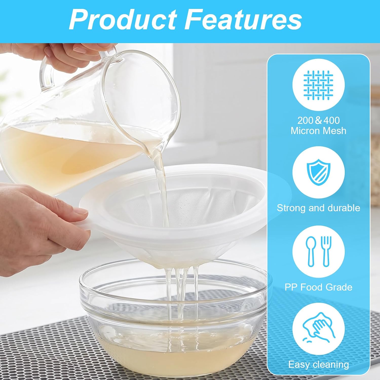 SHENLIU 2 Pack Ultra Fine Mesh Strainer, 200 & 400 Mesh Plastic Strainers