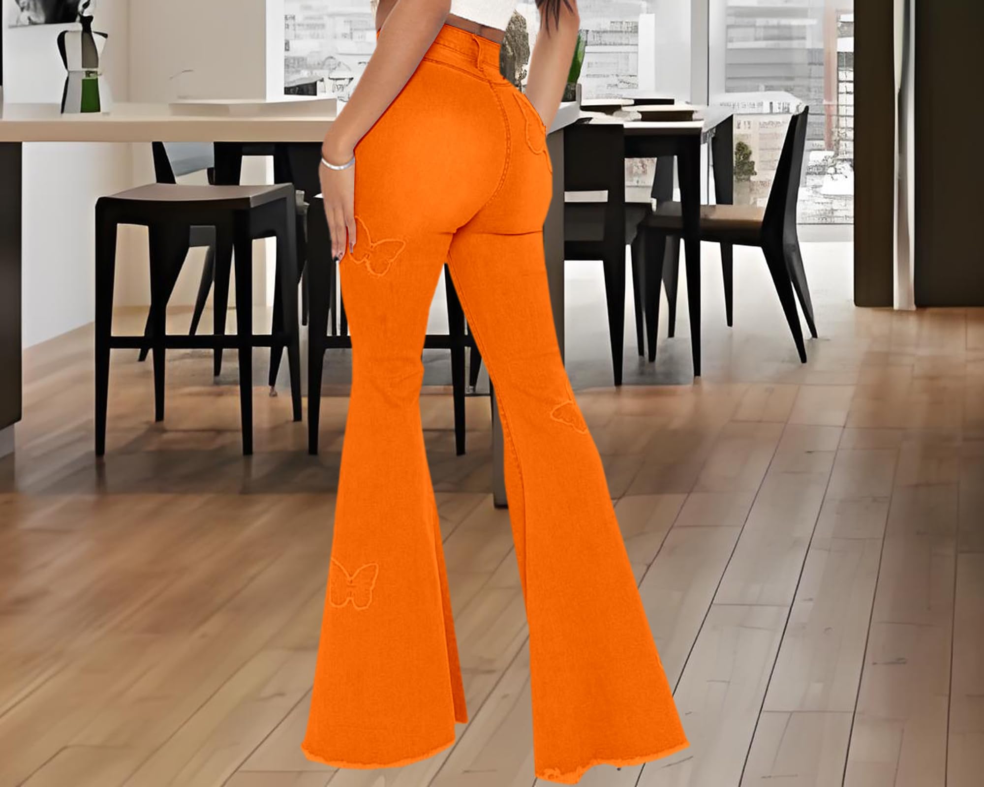 Women's Butterfly Bell Bottom Jeans Elastic High Waisted Embroidered Classic Flareed Jeans Raw Hem Denim Pants with Pocket: 3X-Large Orange
