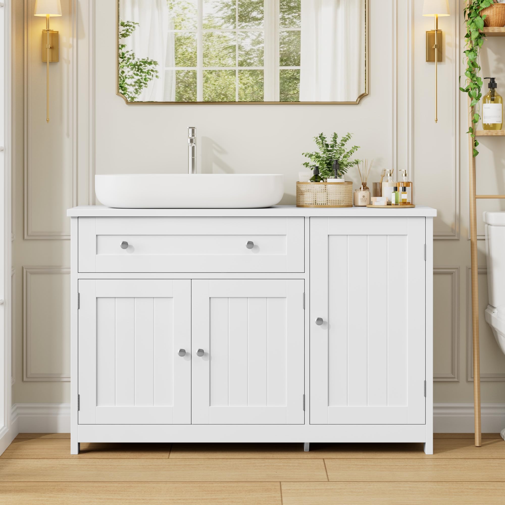 FOREHILL 90cm Mueble Bajo Lavabo, Mueble Baño, Blanco, 90x30x61,5cm | Mueble Lavabo con Pie, con 3 Puertas, 1 Cajón, Estantes Ajustables